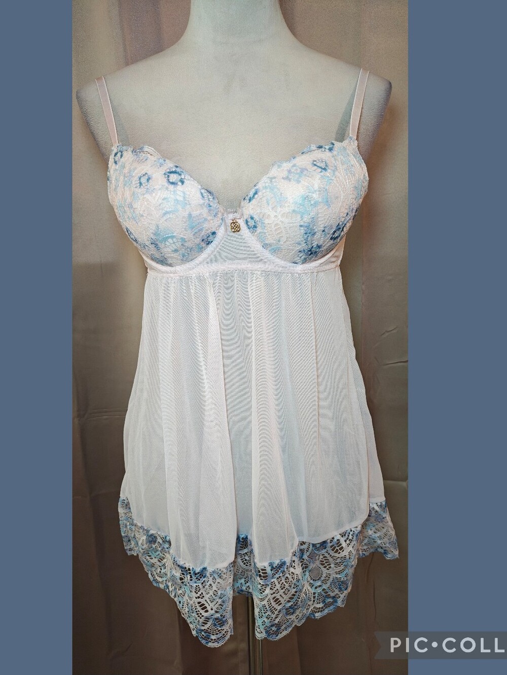 Y2K Daisy Fuentes Coquette Pink & Blue Floral Lace Babydoll Lingerie Slip Dress